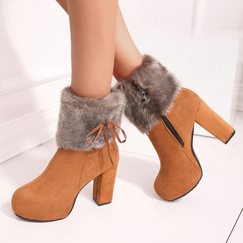 woobles Winter Boot for Women,Women Round Toe Platform Booties Ladies Cute Chunky High Heel Snow Ankle Boot Wedge Zipper Slip On Boot Causal Walking Dress Shoe (Brown, 8) - Image 2